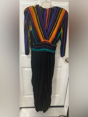 Vintage Phoebe longSleeve V-Neck Multicolor Stripe Jumpsuit pantsuit- women’s 8